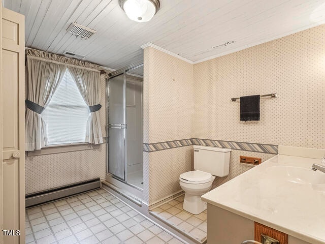 bathroom featuring wooden ceiling, a shower with door, baseboard heating, vanity, and toilet