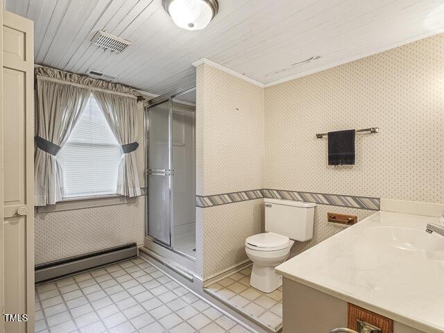 715 E Broad St, Fuquay Varina, NC 27526 - full bath with wallpapered walls, a baseboard radiator, a shower stall, toilet, and tile patterned floors