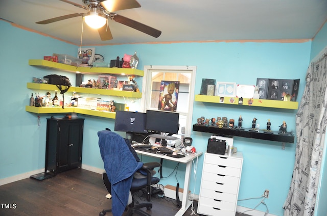 office space featuring ceiling fan and hardwood / wood-style flooring