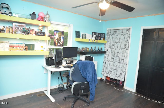 office area with ceiling fan and dark hardwood / wood-style flooring