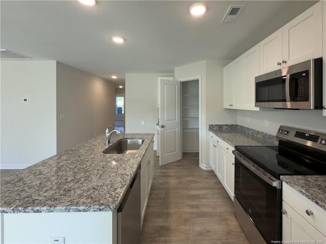 4992 Blue Springs Rd, Red Springs, NC 28377 - kitchen featuring visible vents, a sink, dark wood finished floors, appliances with stainless steel finishes, and light stone countertops