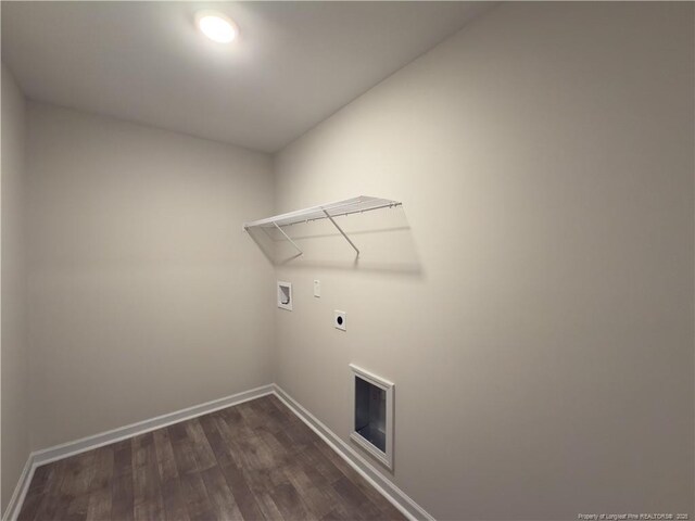 4992 Blue Springs Rd, Red Springs, NC 28377 - clothes washing area featuring electric dryer hookup, dark wood finished floors, baseboards, hookup for a washing machine, and laundry area