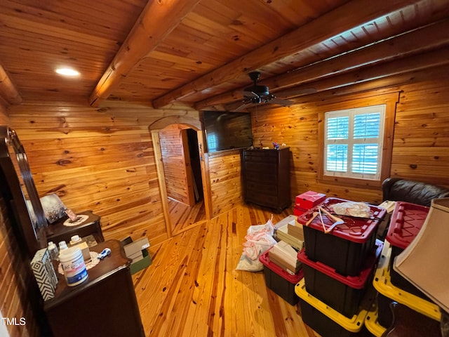 interior space featuring ceiling fan, beamed ceiling, wood ceiling, and hardwood / wood-style floors