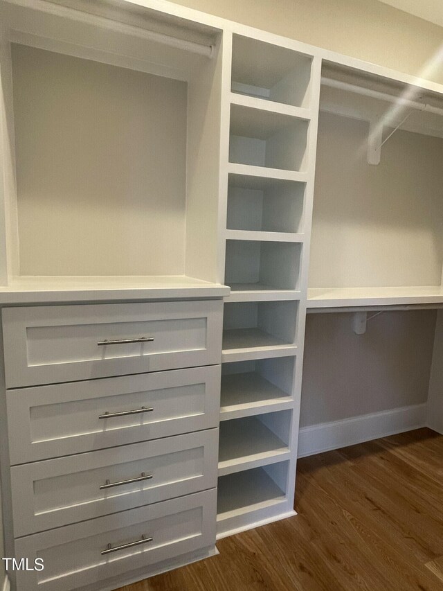 spacious closet with dark wood-type flooring