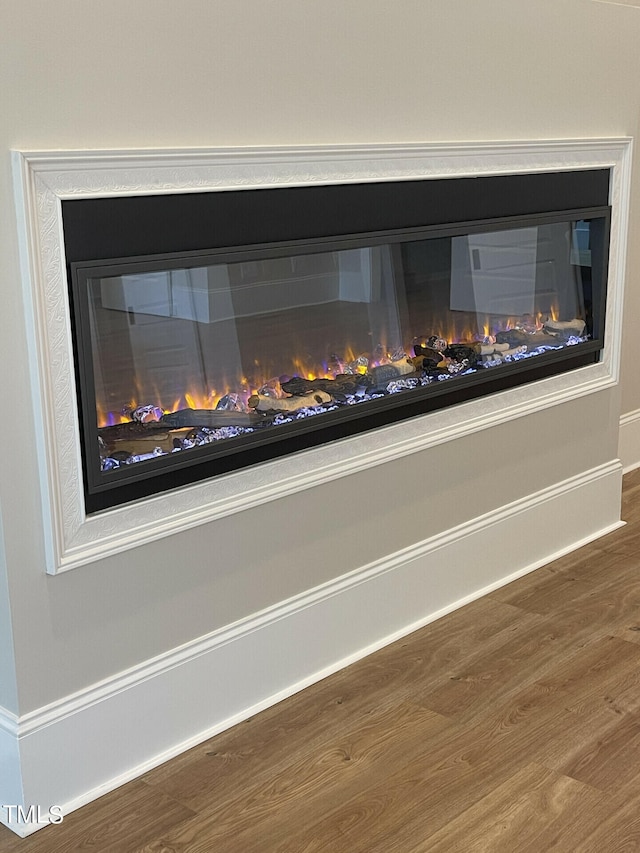 details featuring hardwood / wood-style floors and a multi sided fireplace