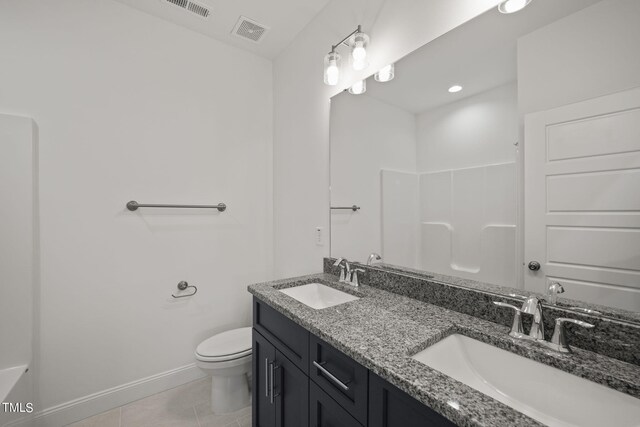 full bathroom with vanity, toilet, tile patterned floors, and plus walk in shower