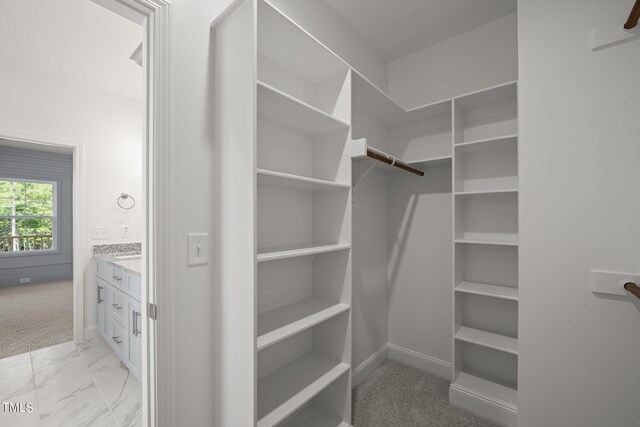 walk in closet featuring light colored carpet