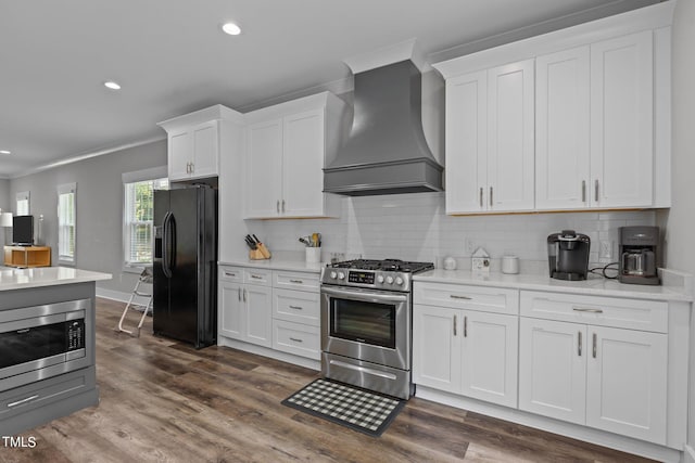 kitchen with dark hardwood / wood-style flooring, appliances with stainless steel finishes, premium range hood, and white cabinetry