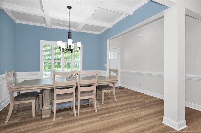 dining space with coffered ceiling, beamed ceiling, wood-type flooring, and a chandelier