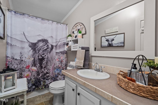 bathroom with lofted ceiling, vanity, toilet, and ornamental molding