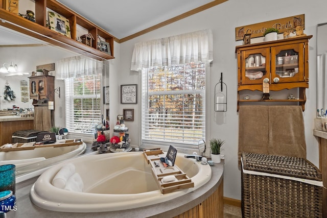 bathroom with ornamental molding, a bath, and a wealth of natural light