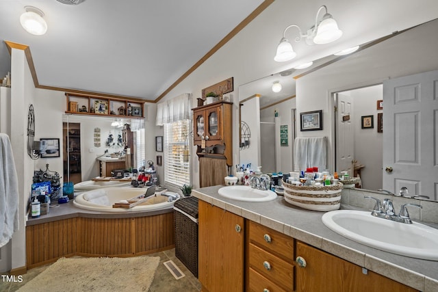 bathroom featuring vanity, vaulted ceiling, and a bathing tub