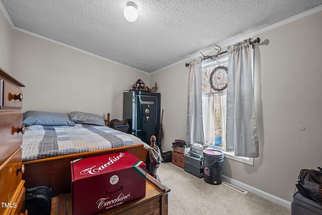 carpeted bedroom with ornamental molding and a textured ceiling