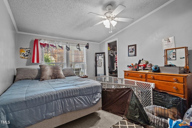 carpeted bedroom featuring ornamental molding, a spacious closet, ceiling fan, and a closet