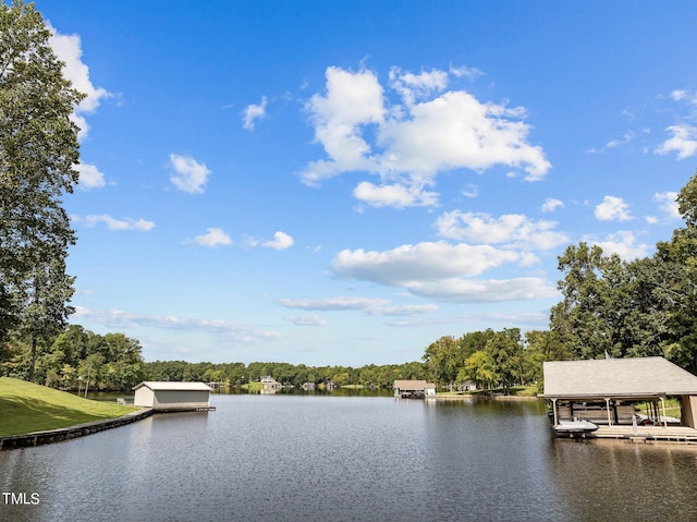 property view of water with a dock