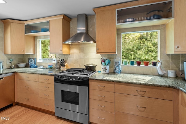 kitchen featuring wall chimney exhaust hood, a healthy amount of sunlight, light hardwood / wood-style flooring, and stainless steel appliances