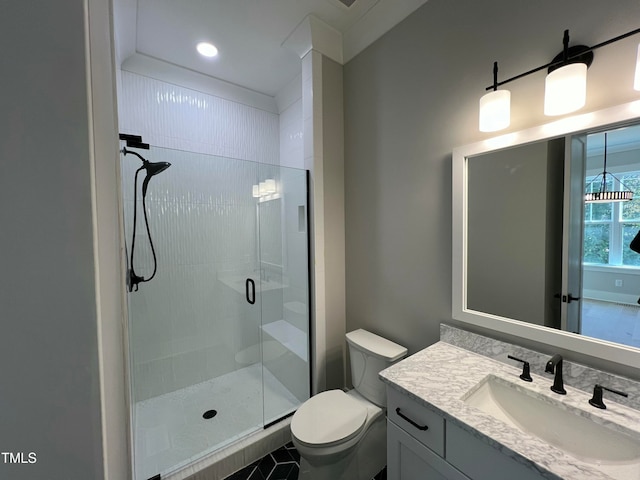 bathroom with tile patterned flooring, vanity, toilet, and a shower with door