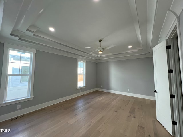 unfurnished room featuring a tray ceiling, light hardwood / wood-style flooring, and ceiling fan