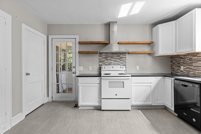 kitchen with black dishwasher, electric range, white cabinetry, wall chimney range hood, and decorative backsplash