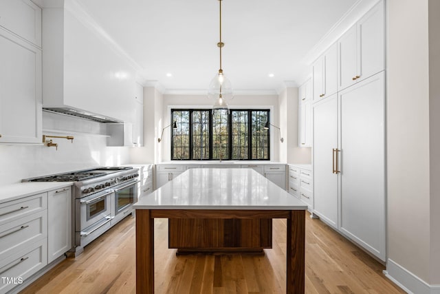 kitchen with white cabinets, light hardwood / wood-style flooring, and double oven range