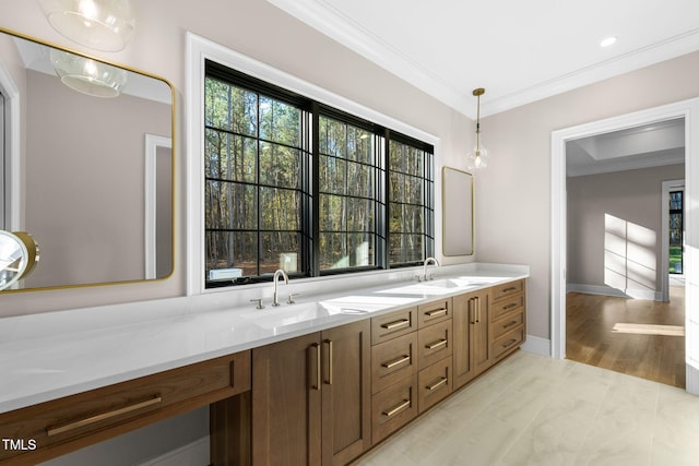 bathroom with vanity, hardwood / wood-style flooring, and crown molding