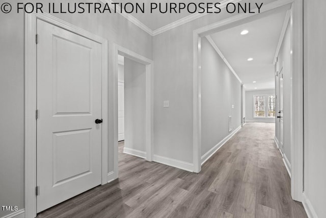 hall with crown molding, recessed lighting, wood finished floors, and baseboards