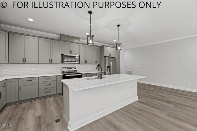 102 Mayan Dr, Louisburg, NC 27549 - kitchen featuring ornamental molding, decorative backsplash, gray cabinetry, a sink, and appliances with stainless steel finishes