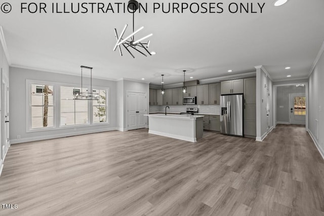 unfurnished living room with ornamental molding, light hardwood / wood-style flooring, a chandelier, and sink