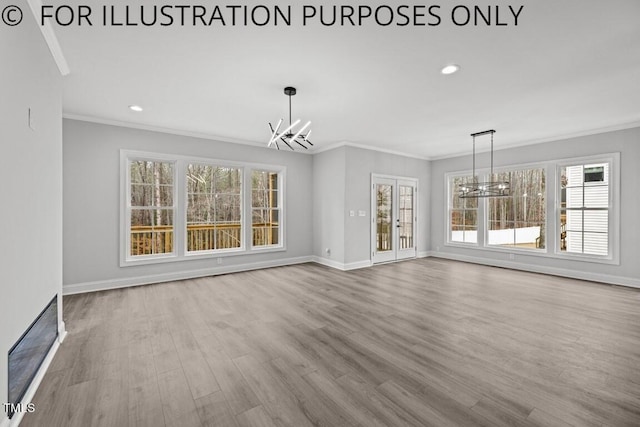 unfurnished living room with light wood-type flooring, a chandelier, and ornamental molding