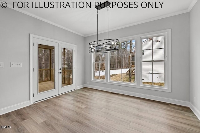102 Mayan Dr, Louisburg, NC 27549 - unfurnished dining area with visible vents, french doors, wood finished floors, and ornamental molding