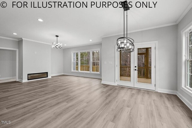 unfurnished living room with an inviting chandelier, crown molding, and light hardwood / wood-style flooring