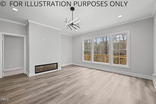 unfurnished living room featuring crown molding, a chandelier, and light hardwood / wood-style floors