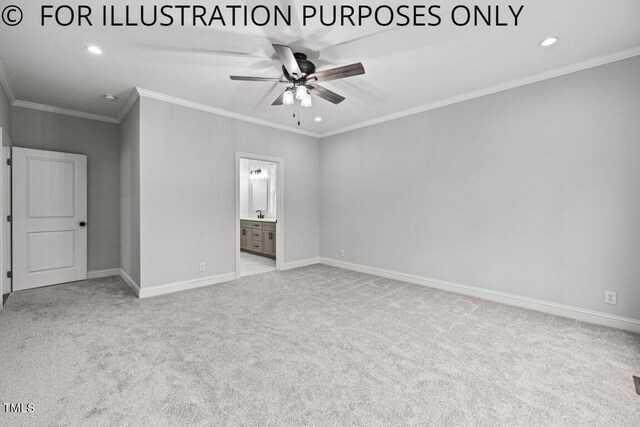 unfurnished bedroom with light colored carpet, connected bathroom, crown molding, and ceiling fan