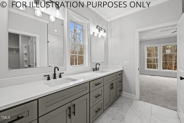 bathroom with ornamental molding and vanity