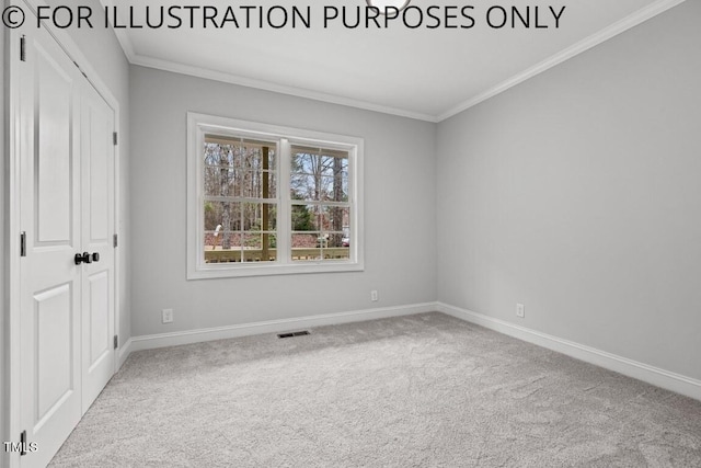 102 Mayan Dr, Louisburg, NC 27549 - unfurnished bedroom featuring visible vents, ornamental molding, a closet, carpet flooring, and baseboards