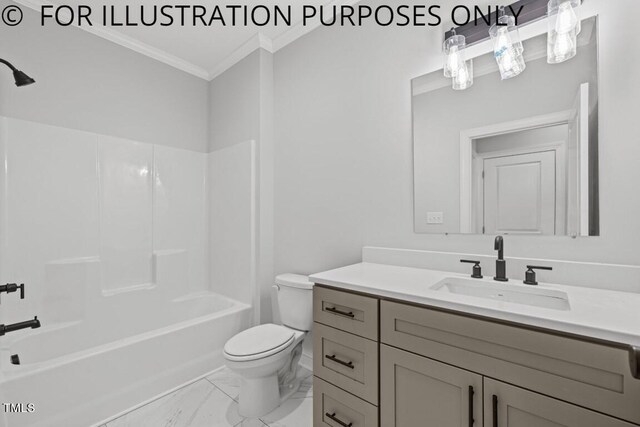 102 Mayan Dr, Louisburg, NC 27549 - full bath featuring vanity, washtub / shower combination, crown molding, toilet, and marble finish floor