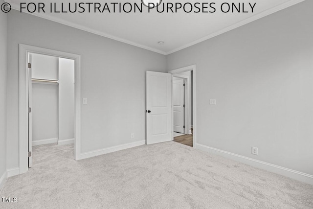 unfurnished bedroom with a walk in closet, light colored carpet, a closet, and crown molding