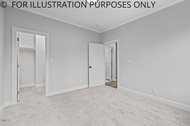 102 Mayan Dr, Louisburg, NC 27549 - unfurnished bedroom featuring a walk in closet, crown molding, carpet, and baseboards
