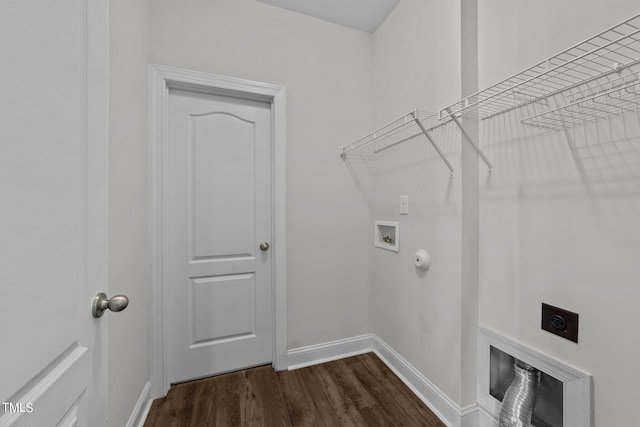 clothes washing area with dark hardwood / wood-style flooring, hookup for a washing machine, and hookup for an electric dryer