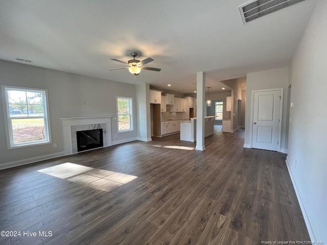 3 Vineyard Pl, Jackson Springs, NC 27281 - unfurnished living room with ceiling fan, dark wood-type flooring, and a premium fireplace