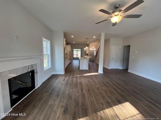 3 Vineyard Pl, Jackson Springs, NC 27281 - unfurnished living room with a ceiling fan, a fireplace, dark wood-style flooring, and recessed lighting