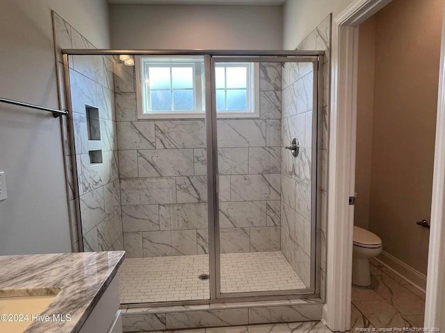 3 Vineyard Pl, Jackson Springs, NC 27281 - bathroom with marble look tile flooring, a shower stall, and vanity
