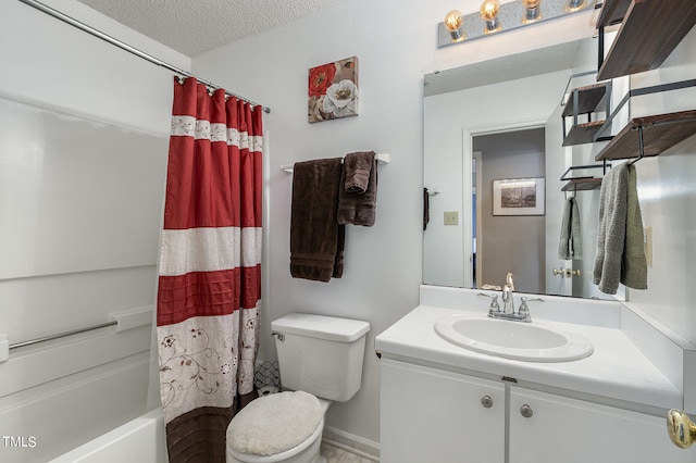 full bathroom featuring shower / bathtub combination with curtain, vanity, toilet, and a textured ceiling