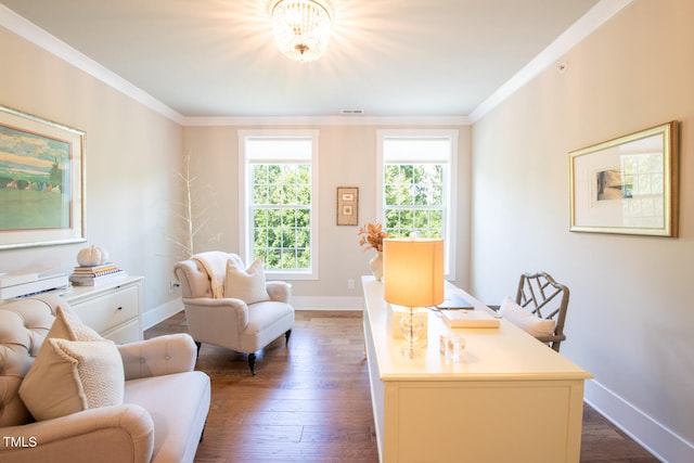 office area with an inviting chandelier, ornamental molding, and dark hardwood / wood-style flooring