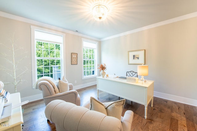 office space with crown molding, a notable chandelier, and dark hardwood / wood-style floors