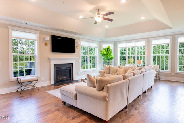 living room with wood-type flooring, ceiling fan, and a healthy amount of sunlight