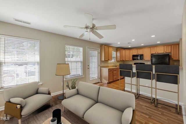 living room with light wood-type flooring, ceiling fan, and a wealth of natural light