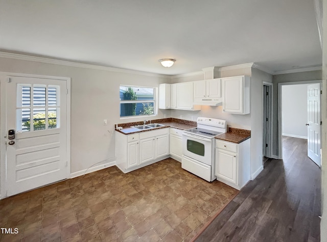 kitchen with crown molding, white cabinetry, sink, white range with electric stovetop, and dark wood-type flooring