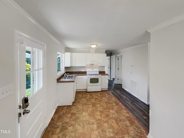 kitchen with crown molding, white cabinetry, sink, electric range, and light hardwood / wood-style floors