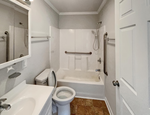 full bathroom featuring crown molding, vanity, toilet, and bathtub / shower combination